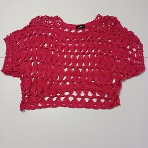 ETC. Womens M Oversized Hot Fuchsia Pink Scoop Neck Open Crochet Cotton Blend‎